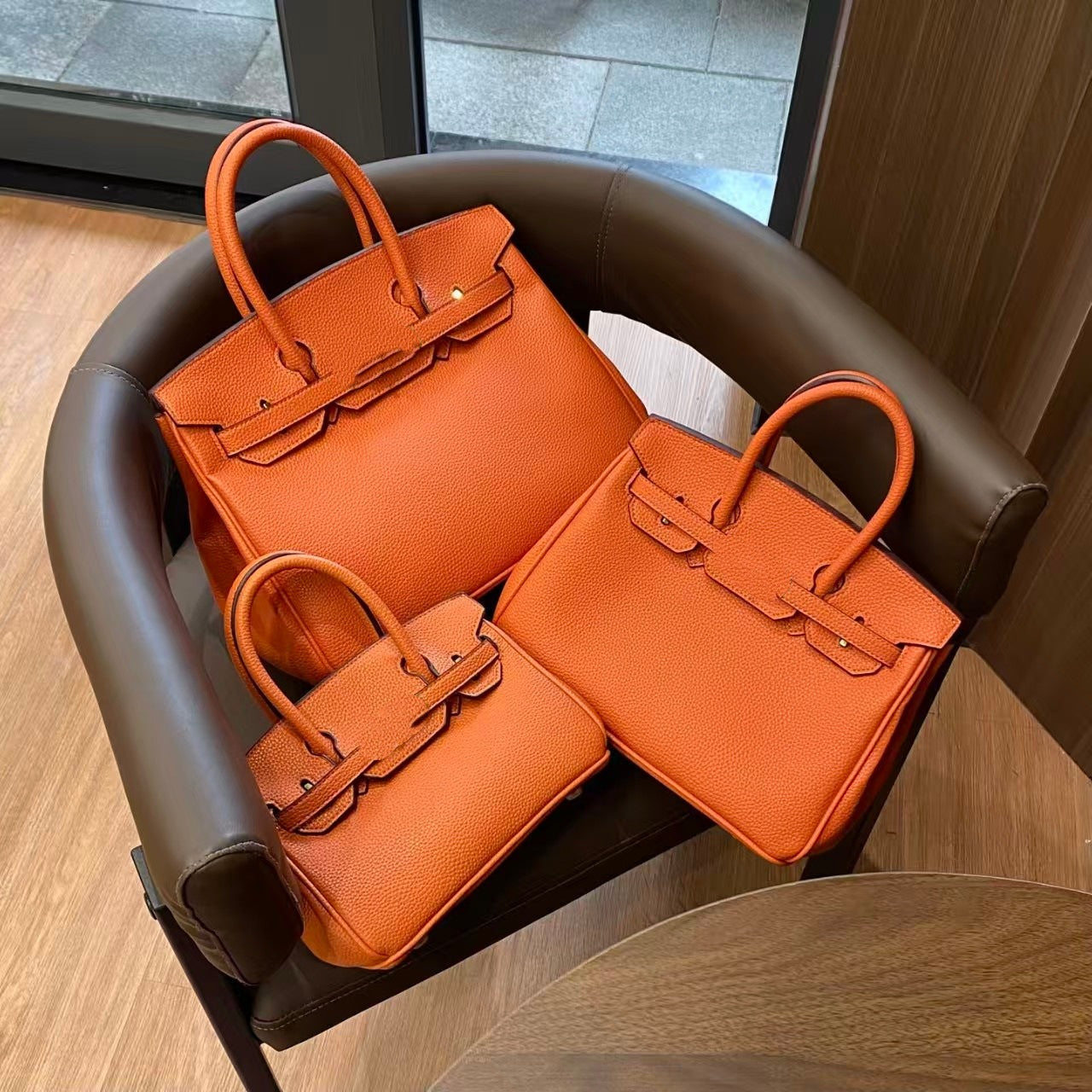 Genuine Togo Top Layer Cowhide Birkin-Style Bag with Waxed Thread Stitching, Full Steel Hardware Lock Top Handle Handmade Purse, Premium Leather Bag for Ladies