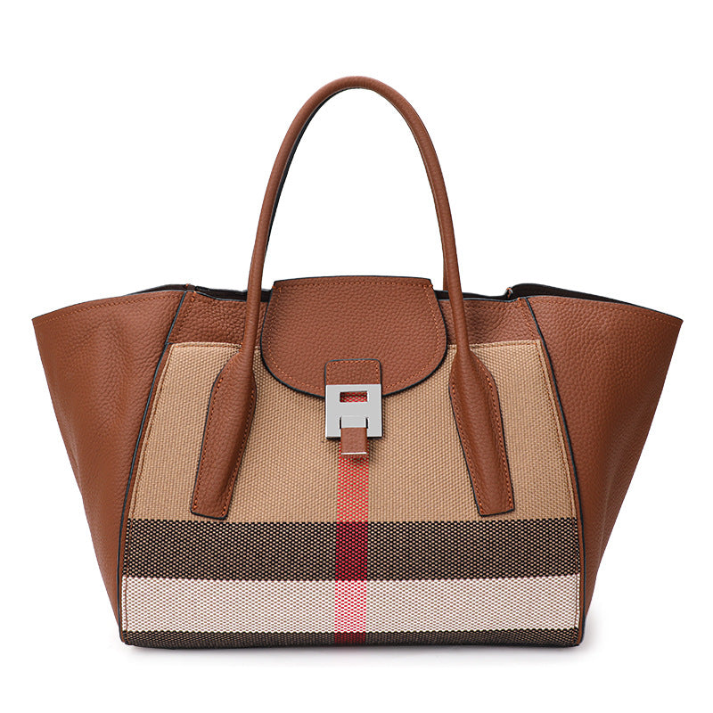 New Plaid Wing Tote Bag in Genuine Cowhide, Large Capacity Fashionable Top Handle Shoulder Handbag, Trendy Leather Purse for Women
