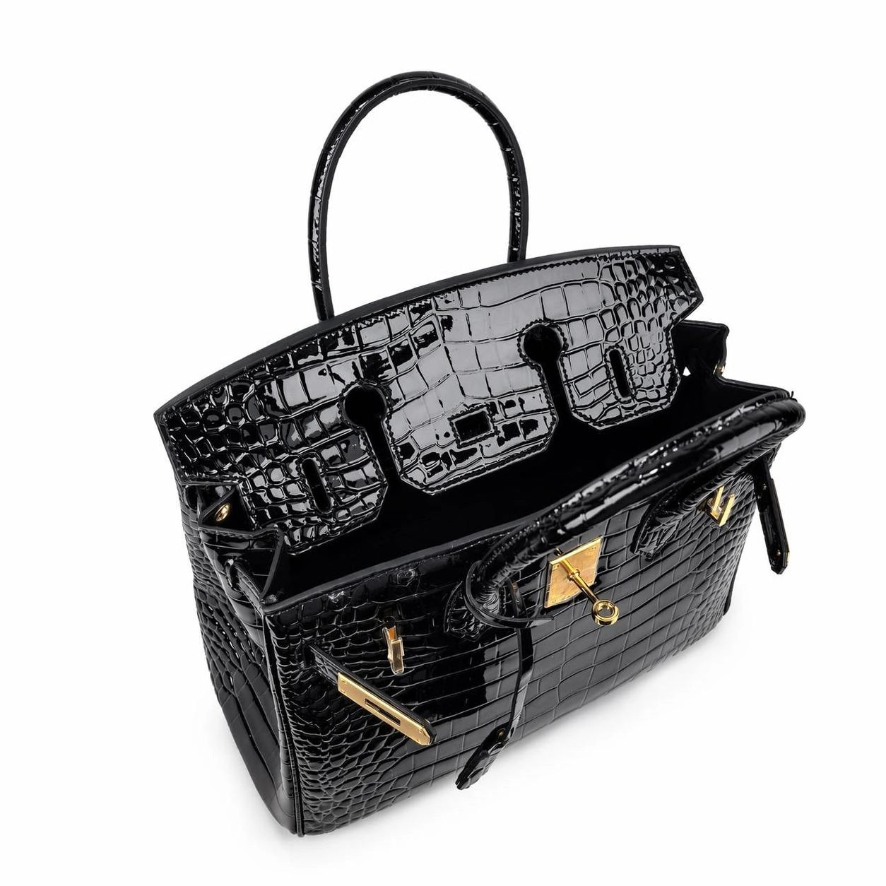 New Birkin Style Large Tote Bag for Women High Gloss Crocodile Embossed Genuine Leather Shoulder Handbag Crossbody Purse