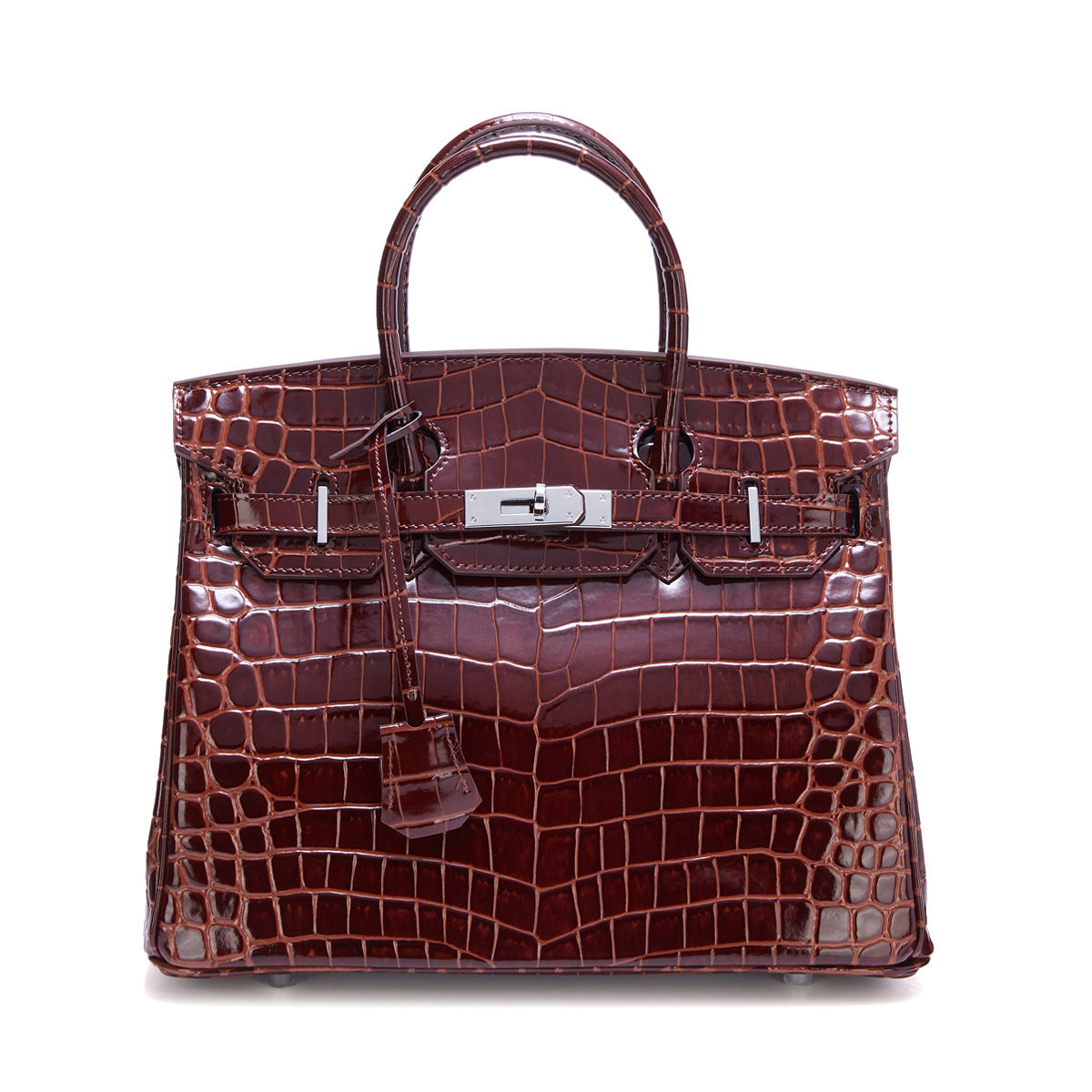 Genuine Leather Patent Crocodile-Embossed Birkin-Style Bag for Women, New Fashionable Top Handle Shoulder Crossbody Purse with Silver-Tone Hardware, Trendy Handbag for Ladies