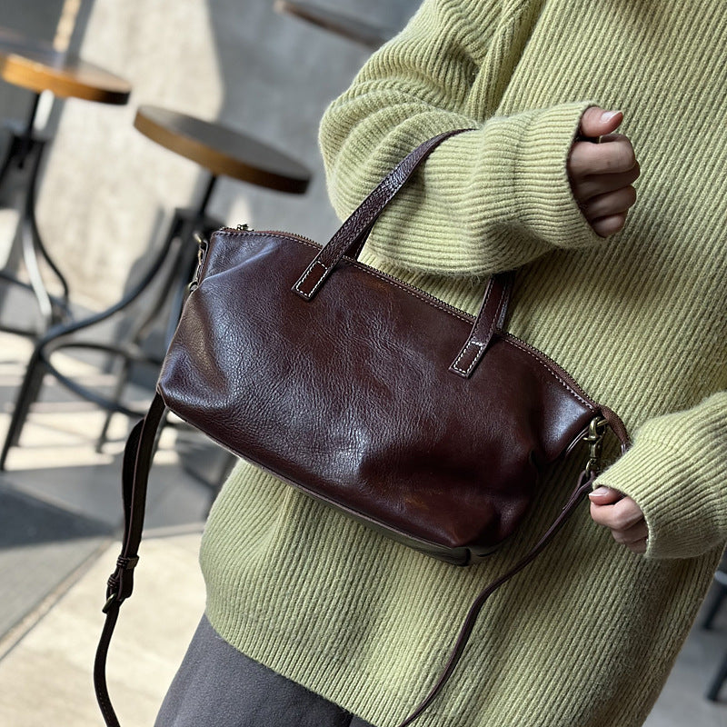 Genuine Top Layer Cowhide Dumpling Bag for Women, Exquisite Shoulder Crossbody Purse, Vegetable-Tanned Pleated Top Handle Handbag, Chic Everyday Bag for Ladies