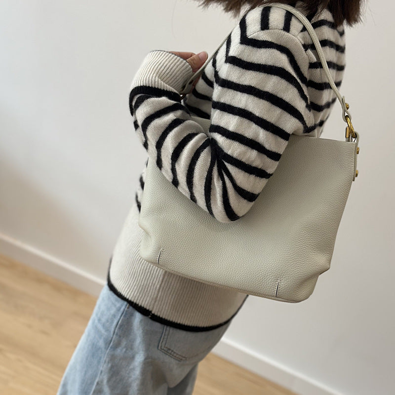 Genuine Top Layer Cowhide Bucket Bag for Women, New Spring Summer All-Season Versatile Shoulder Crossbody Top Handle Purse, Casual Commute Handbag for Ladies