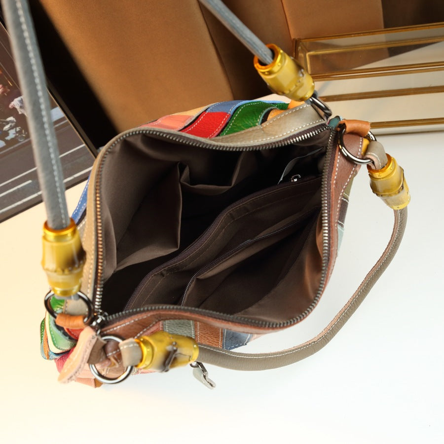 Genuine Leather Rainbow Geometric Print Tote Bag for Women Casual Patchwork Shoulder Handbag, Trendy Colorful Design with Versatile Style