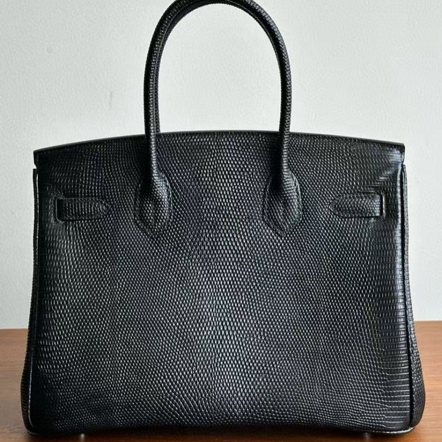 Genuine Top Layer Cowhide Lizard-Embossed Birkin 30cm Bag for Women, Hermès-Style Lock Clasp Top Handle Purse, Premium Leather Handbag for Ladies