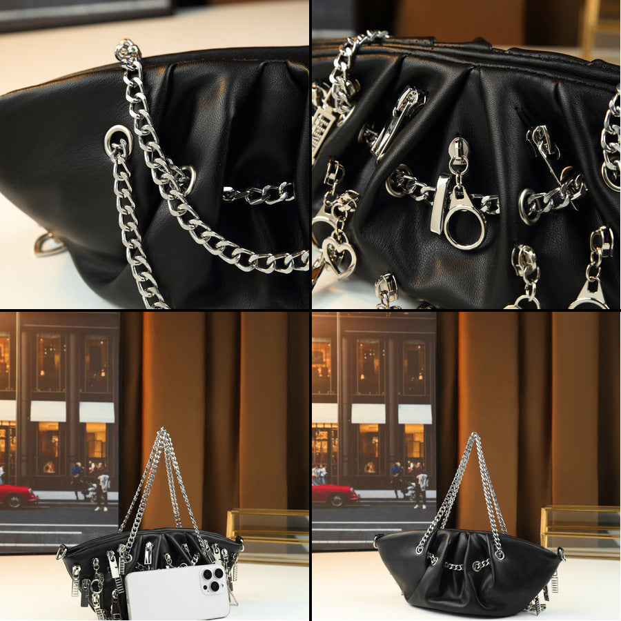 Punk Black Pleated Cloud Dumpling Bag for Women Chain Shoulder Crossbody Handbag, Edgy Zipper Detail Purse with Cool Street Style