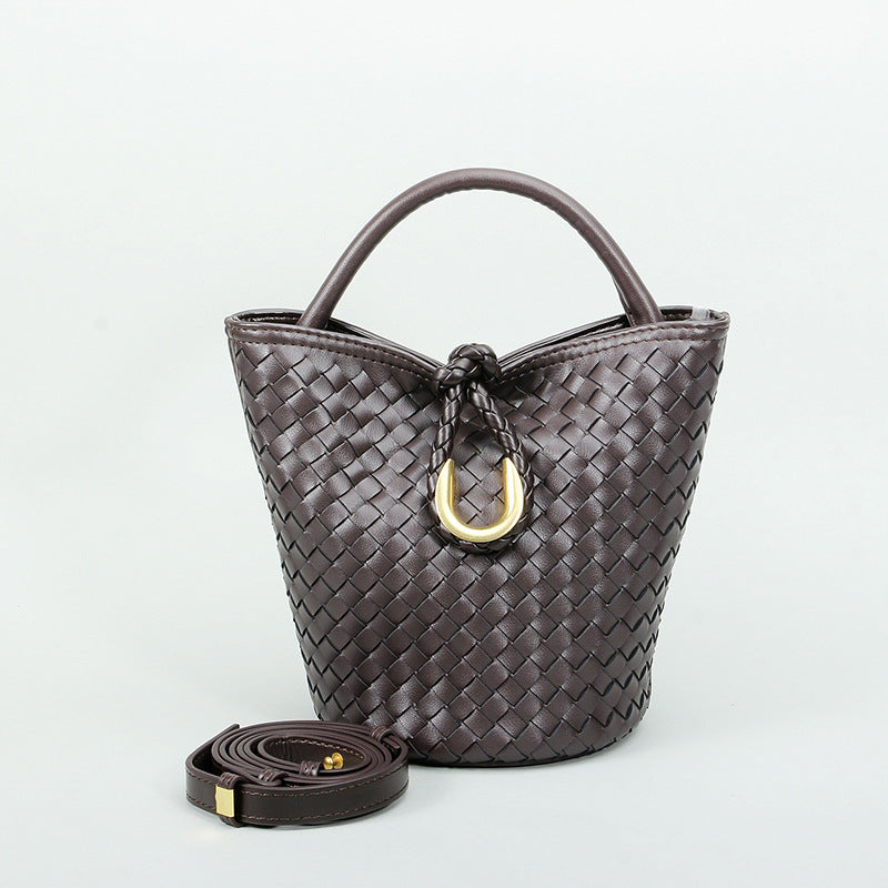 Genuine Cowhide Handwoven Bucket Bag with U-Buckle, New Vintage Shoulder Crossbody Top Handle Purse, Premium Handwoven Handbag for Ladies