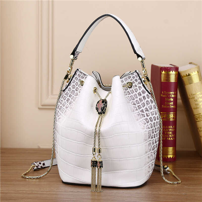 Crocodile Embossed Bucket Bag for Women Snake Head Shoulder Crossbody Handbag, Versatile Statement Purse with Luxurious Texture