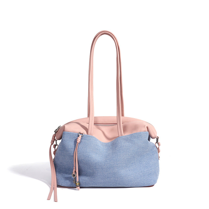 Genuine Cowhide Denim Patchwork Tote Bag for Women, New Spring Summer Vintage Large Capacity Shoulder Underarm Top Handle Handbag, Versatile Commute Purse for Ladies
