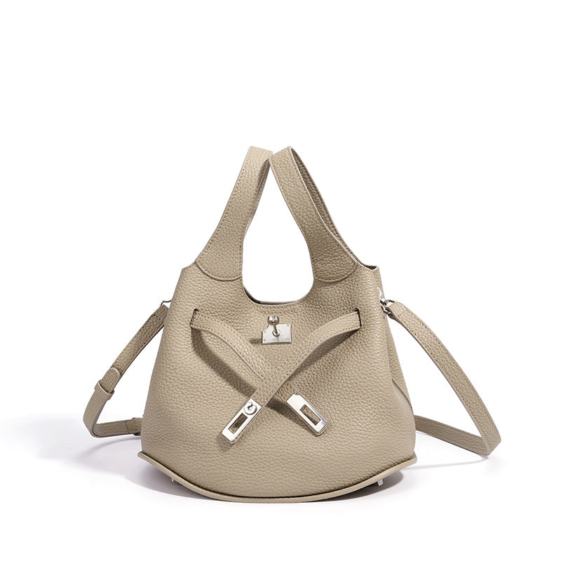 Spring Summer Premium Niche Cowhide Basket Bag, Crossbody Shoulder Top Handle Purse, Genuine Leather Bucket Handbag for Women