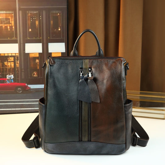 Color-Block Cowhide Backpack for Women Lightweight Travel Shoulder Handbag with Large Capacity and Versatile Casual Design