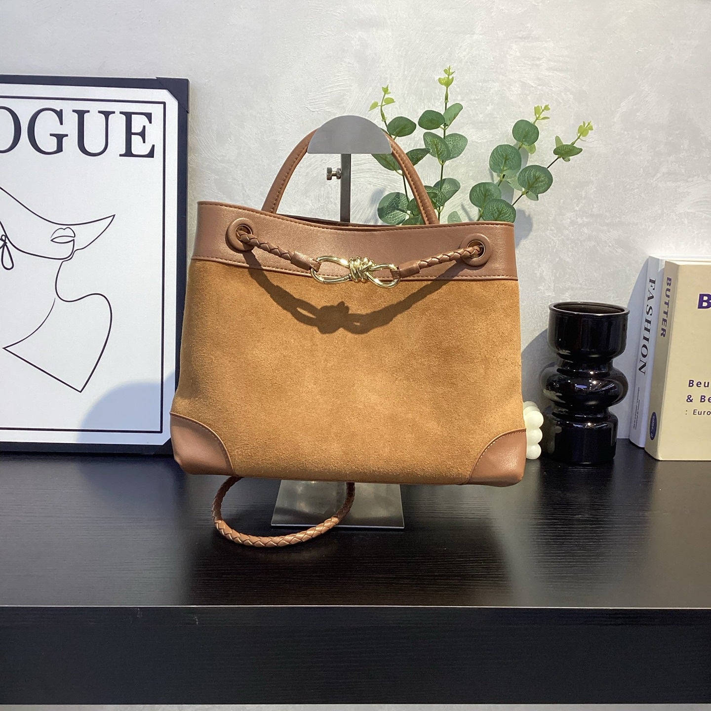 Suede Leather Woven Rope-Knot Handbag, Simple Elegant Shoulder & Crossbody Commuter Bag for Women