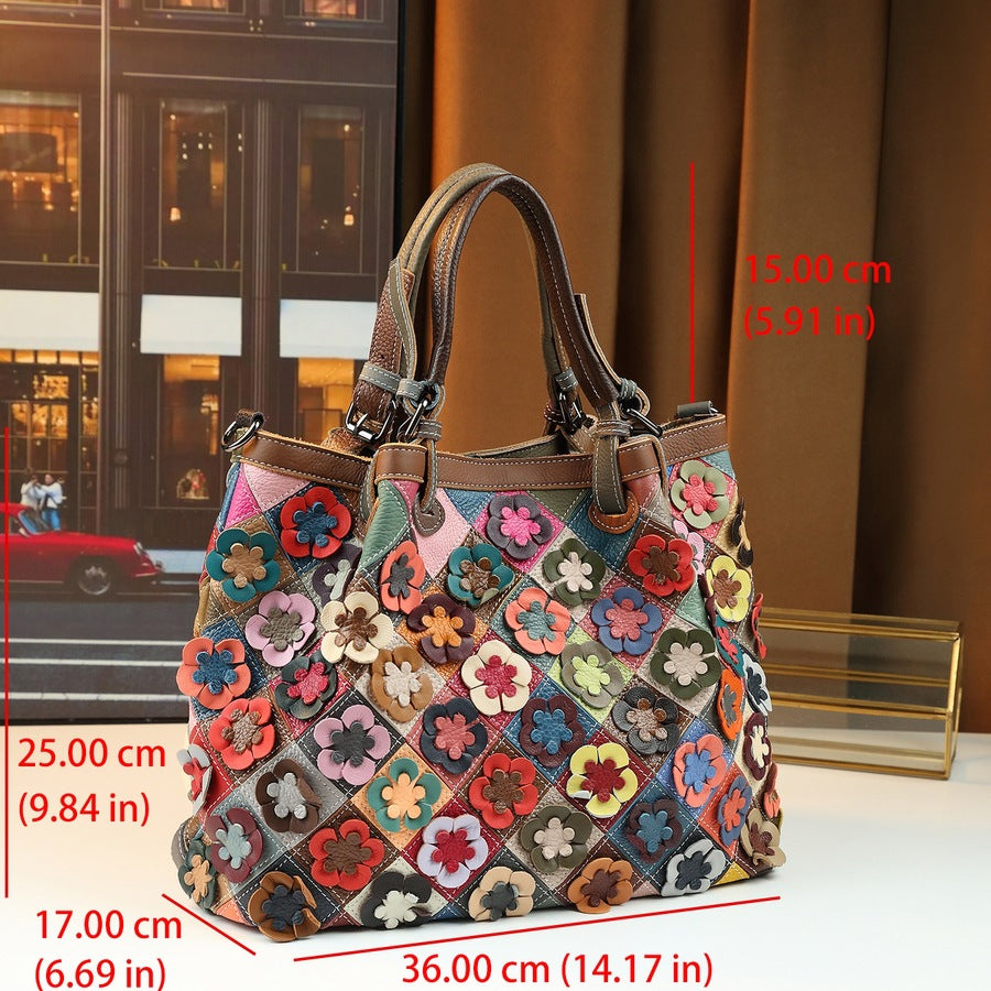 Genuine Leather Handwoven Colorful Patchwork Handbag for Women, Vintage Large Capacity Crossbody Purse, Casual Versatile Top Handle Shoulder Bag