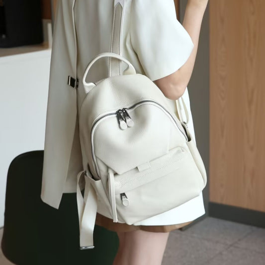 Genuine Soft Leather Light Luxury Backpack for Women, Korean Casual Commute Travel Lightweight Daypack, Stylish School Bag for Ladies