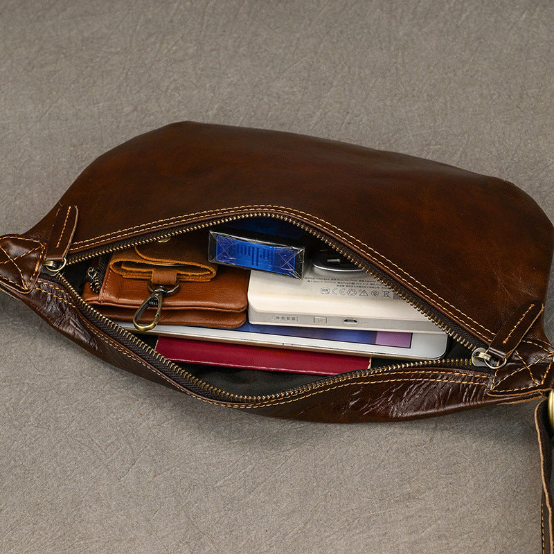 Large Capacity Vintage Oil Leather Waist Chest Bag, Top Layer Cowhide Crossbody Shoulder Pack, Casual Travel Bag for Men