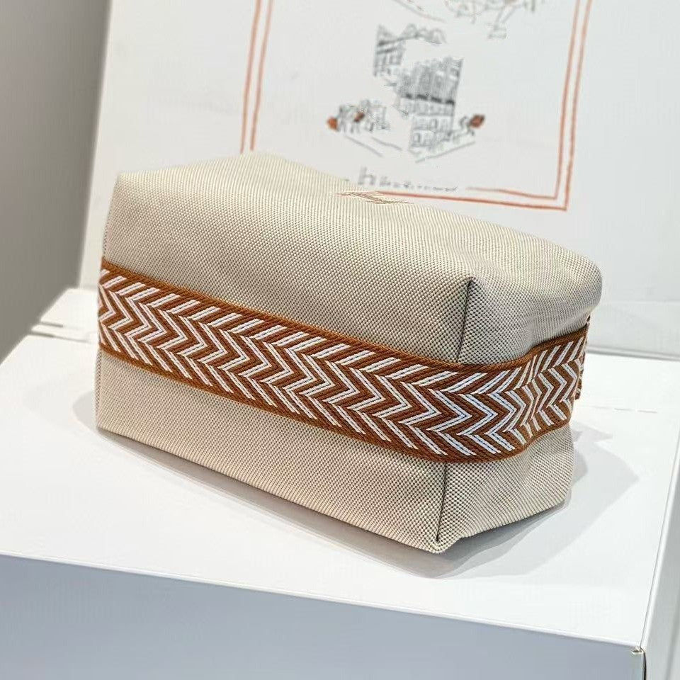 Waterproof Canvas Toiletry Bag for Women, Hermès-Inspired Travel Makeup Pouch 21/25cm, Semi-Handmade Embroidered Box Bag with Sturdy Steel Hardware, Portable Cosmetic Organizer for Daily Use