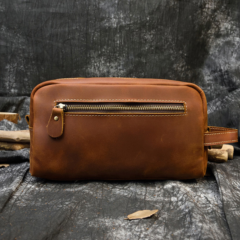 Crazy Horse Leather Toiletry Travel Clutch, Casual Cosmetic Storage Bag, Versatile Organizer Pouch for Men and Women