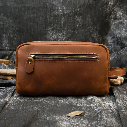 Crazy Horse Leather Toiletry Travel Clutch, Casual Cosmetic Storage Bag, Versatile Organizer Pouch for Men and Women