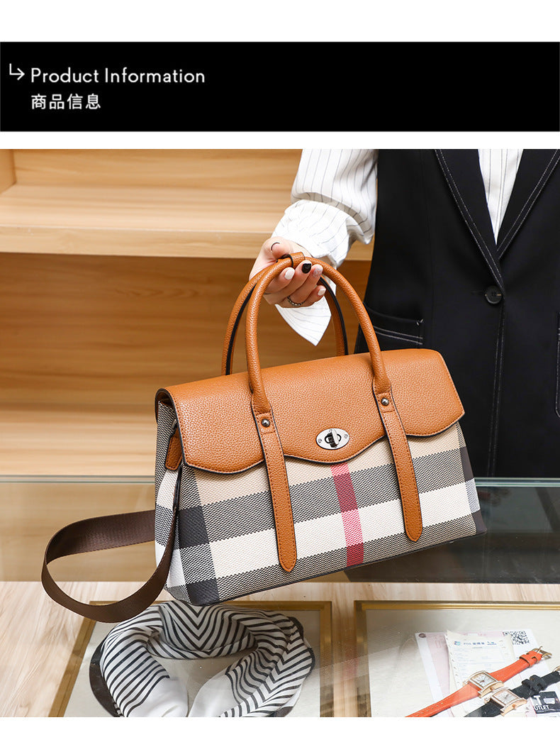 Genuine Leather Plaid Shell Handbag for Women, New Versatile Large Capacity Top Handle Shoulder Crossbody Purse, Trendy Bag for Ladies