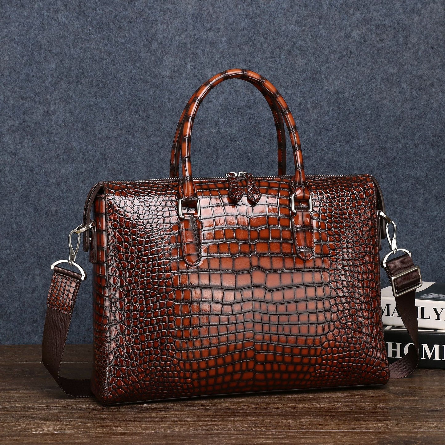 New Arrival Distressed Croc-Effect Men's Business Bag, A Waterproof Silicone Top-Handle Crossbody Shoulder Bag with Trendy Design