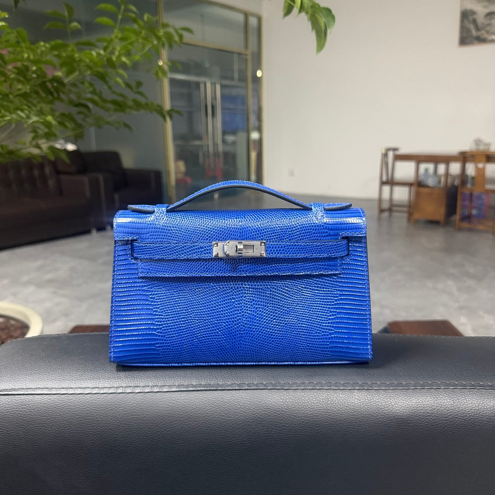 Genuine Top Layer Cowhide Lizard-Embossed Kelly-Style 22cm Bag for Women, Hand-Stitched Waxed Thread with Hand-Hammered Hardware, Lambskin Lining Square Purse with Full Steel Hardware for Ladies
