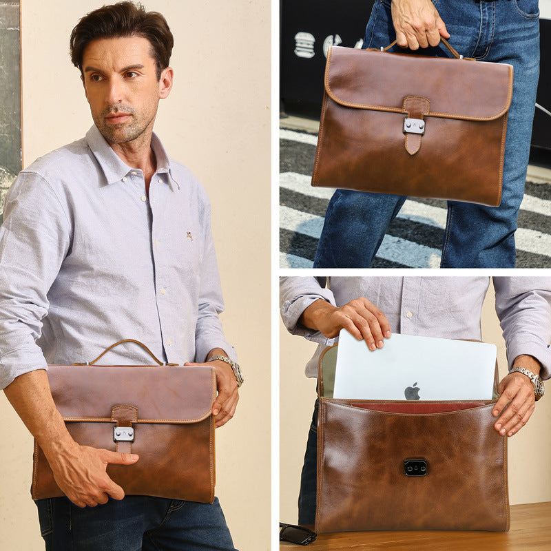 Genuine Full-Grain Leather Briefcase for Men, Black Angel Business Bag Fits 14.2-Inch Laptop, Large Capacity Computer Shoulder Bag for Work
