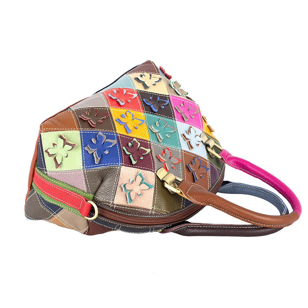Genuine Cowhide Handmade Colorful Butterfly Floral Shell Bag for Women, New Arrival Casual Trendy Shoulder Top Handle Purse, Unique Designer Handbag for Ladies