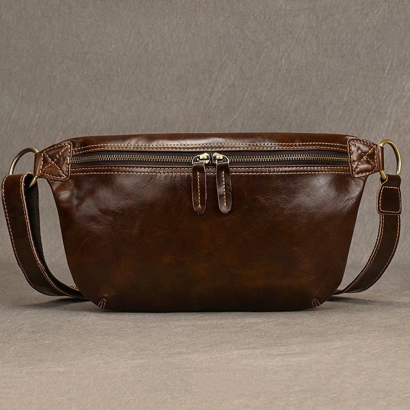 Large Capacity Vintage Oil Leather Waist Chest Bag, Top Layer Cowhide Crossbody Shoulder Pack, Casual Travel Bag for Men