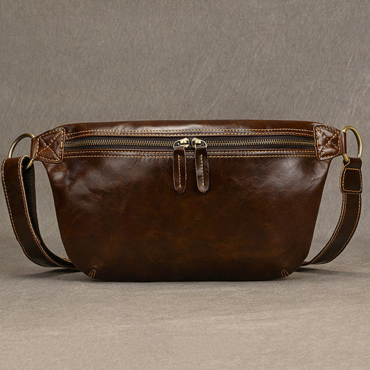 Large Capacity Vintage Oil Leather Waist Chest Bag, Top Layer Cowhide Crossbody Shoulder Pack, Casual Travel Bag for Men