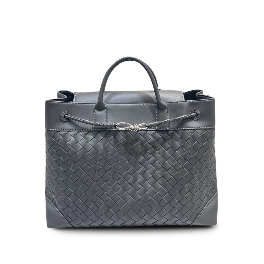 Cowhide Woven Large Tote with Silver Butterfly Buckle, Unisex Shoulder & Crossbody Bag