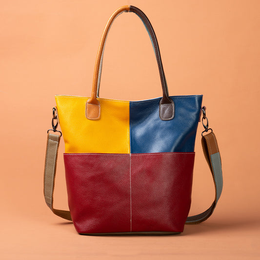Vintage Color Block Patchwork Genuine Leather Tote, Versatile Shoulder Crossbody Handbag, Premium Cowhide Purse for Women