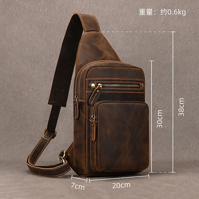 Large Capacity Crazy Horse Leather Chest Bag, Casual Crossbody Shoulder Pouch, Cowhide Bag Fits iPad for Men