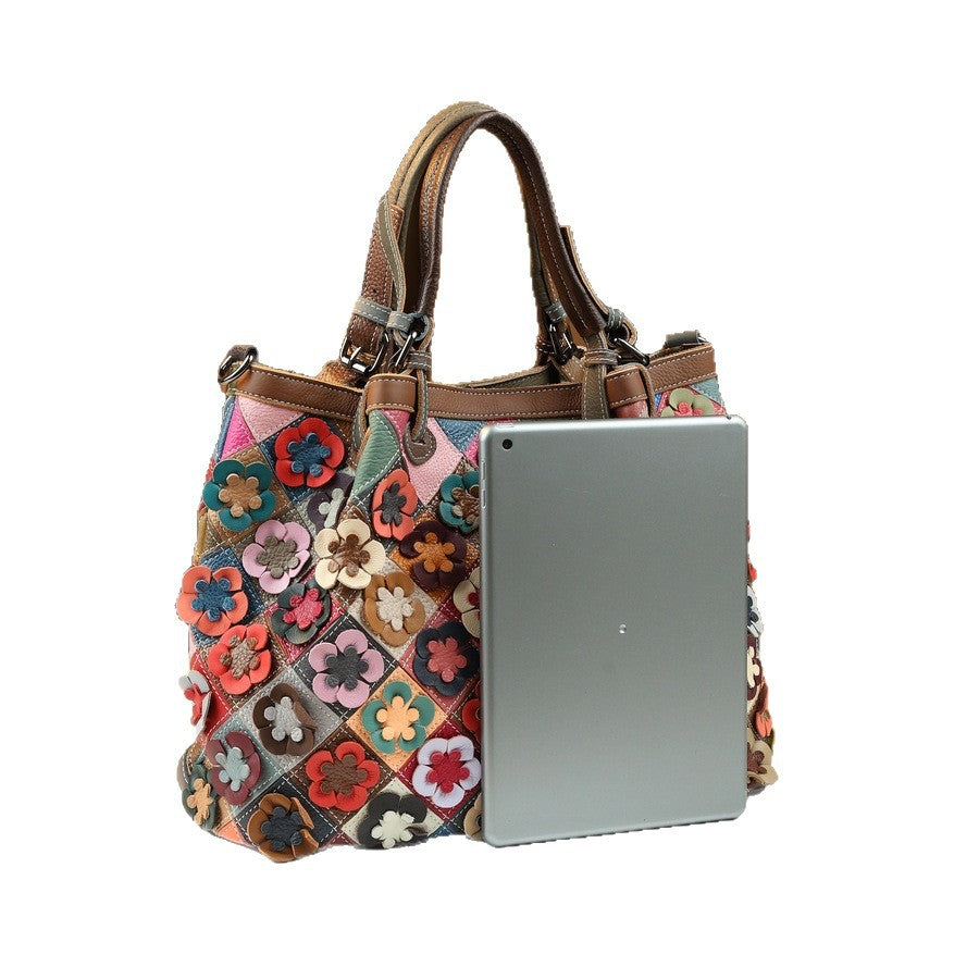 Genuine Leather Handwoven Colorful Patchwork Handbag for Women, Vintage Large Capacity Crossbody Purse, Casual Versatile Top Handle Shoulder Bag