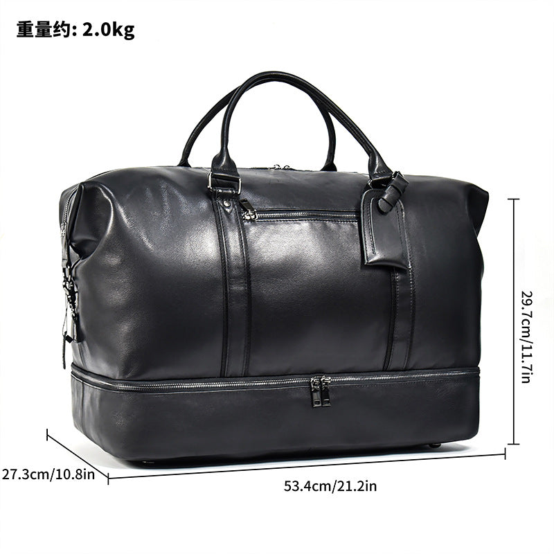 20-Inch Black Genuine Leather Large Capacity Travel Duffle, Gym Top Handle Weekender, Premium Cowhide Luggage Bag for Men and Women