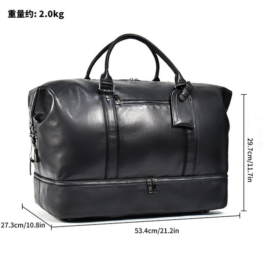 20-Inch Black Genuine Leather Large Capacity Travel Duffle, Gym Top Handle Weekender, Premium Cowhide Luggage Bag for Men and Women