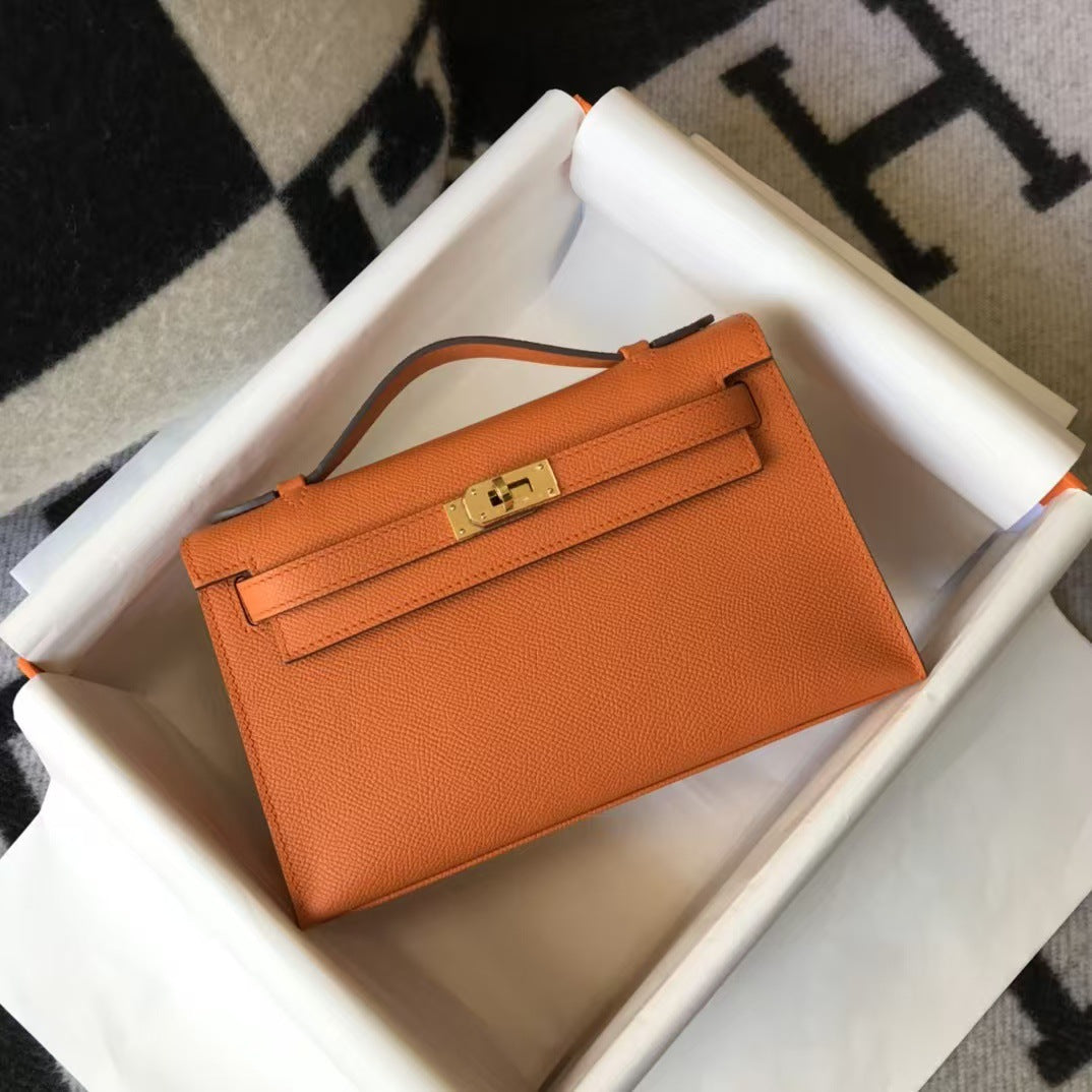 Genuine Top Layer Epsom Palm Texture Cowhide Kelly-Style 22cm Bag for Women, Trendy Street Style Small Square Top Handle Purse, Fashionable Handbag for Ladies
