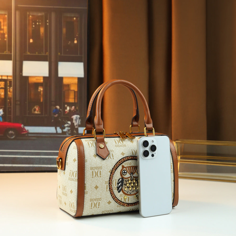 Owl Letter Print Studded Pillow Bag for Women Vintage American Style Shoulder Handbag, Unique Design Purse with Edgy Hardware Accents