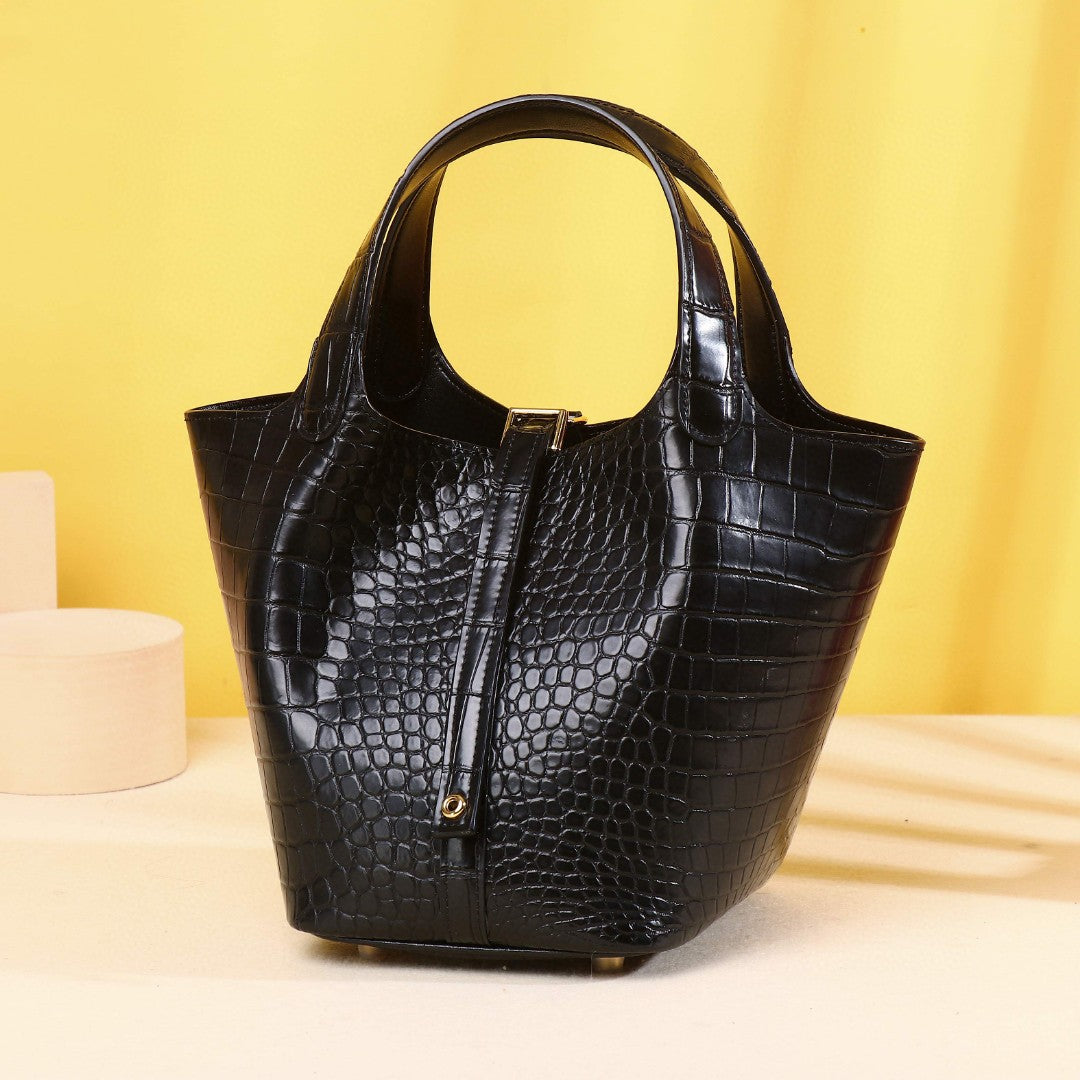 New Summer Genuine Leather Basket Bucket Bag for Women, A Versatile Croc-Effect Top-Handle Shoulder Crossbody Handbag Perfect for Summer Style