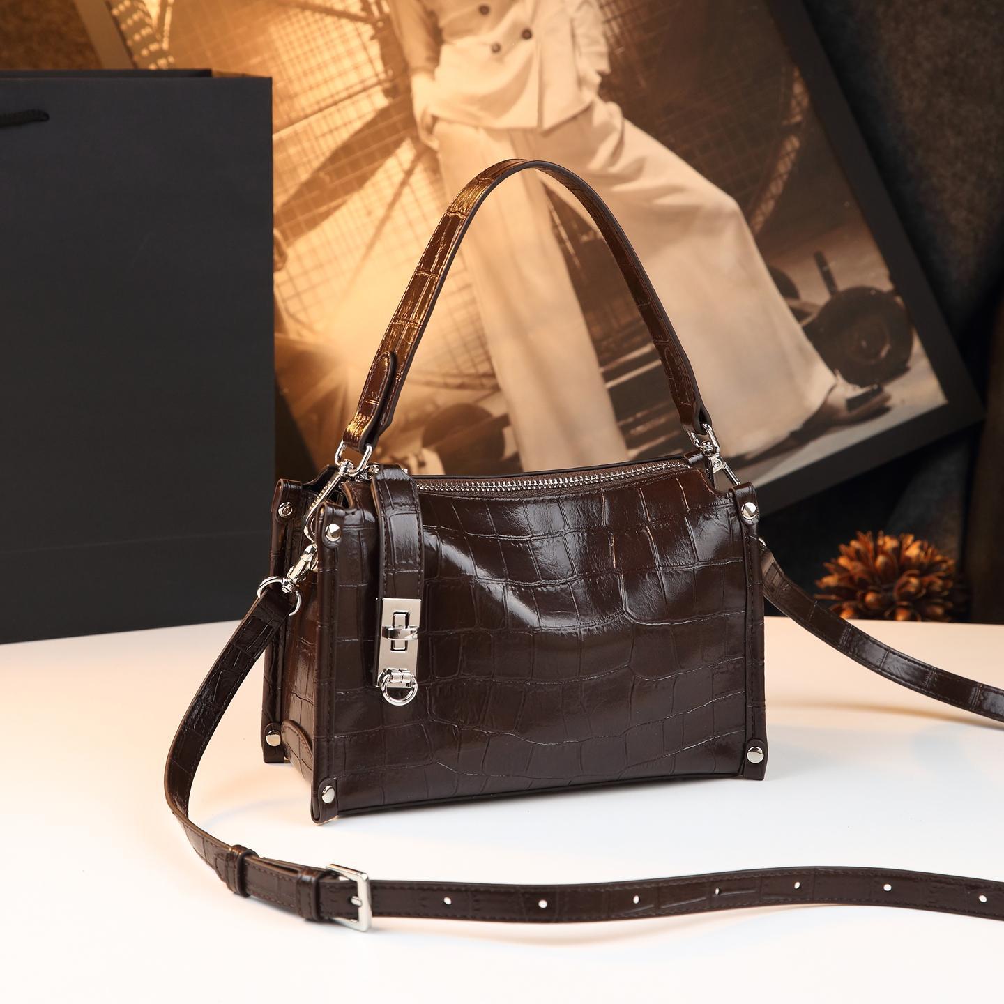 New Arrival Vintage Croc-Effect Genuine Leather Box Bag for Women, A Fashionable Top-Handle Crossbody Shoulder Handbag with Versatile Design