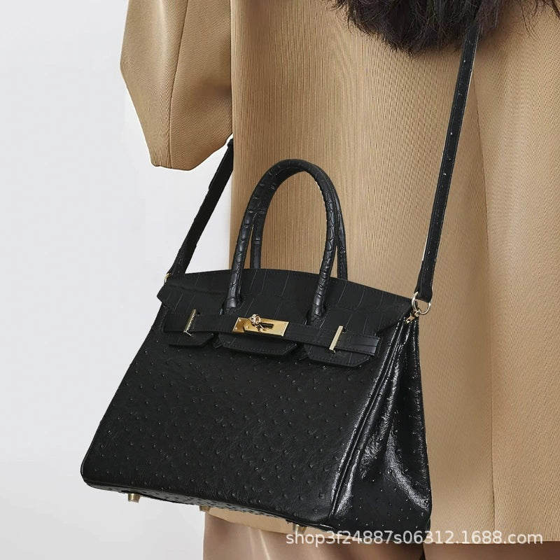 Premium Ostrich-Embossed Birkin-Inspired Tote Bag for Women, Top-Layer Cowhide Leather with Spacious Large Capacity, Ideal Business Commuter Top-Handle Handbag for Work & Everyday