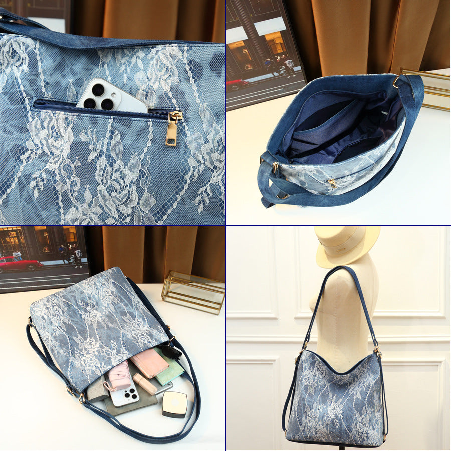 French Lace Rhinestone Denim Tote Bag for Women Large Capacity Drawstring Shoulder Crossbody Backpack, Versatile 3-in-1 Bag with Sparkling Embellishments