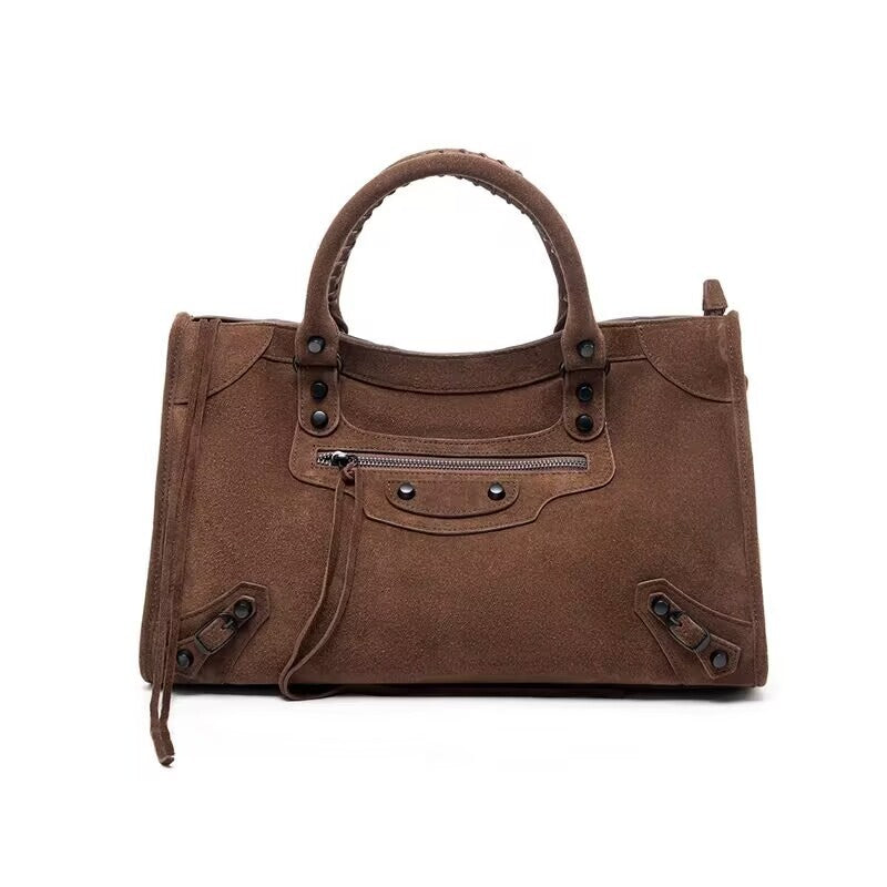 Genuine Matte Cowhide Biker Bag for Women, New Vintage Style Premium Top Handle Crossbody Purse, Fashionable Trendy Versatile Handbag for Ladies