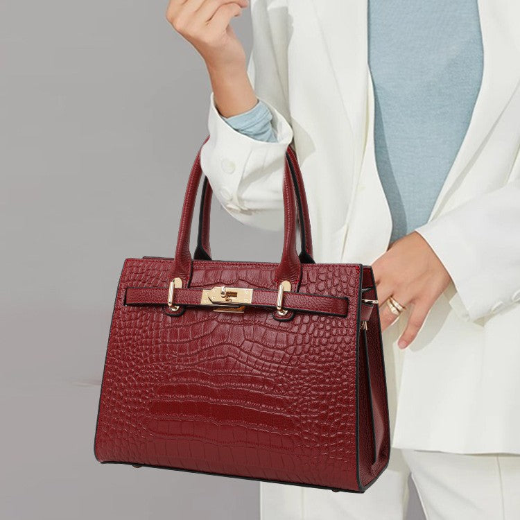 Genuine Leather Crocodile-Embossed Handbag for Women, Lock Buckle Commute Large Capacity Shoulder Crossbody Purse, Versatile Bag for Ladies