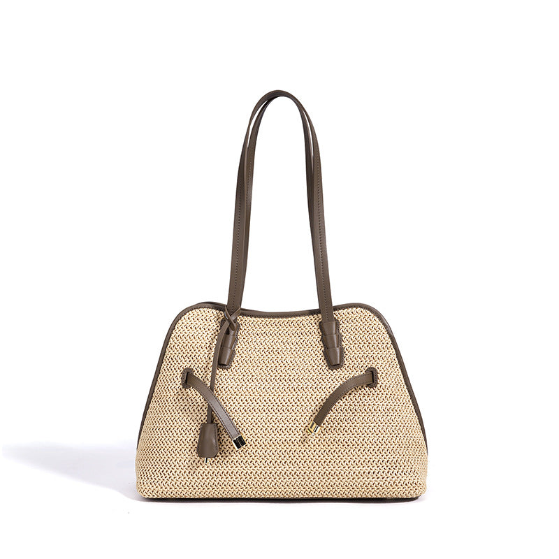 Patchwork Niche Design Cowhide Bag, Large Capacity Spring Summer Resort Style Underarm Shoulder Purse, Premium Straw Woven Handbag for Women