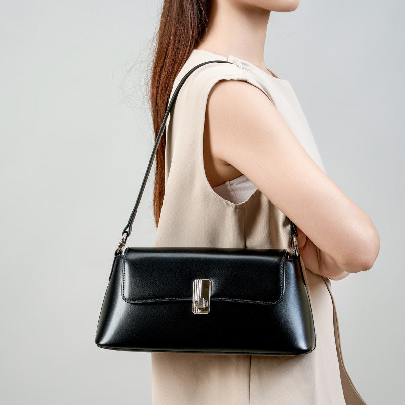 Red French Style Baguette Bag in Genuine Leather, Niche Premium Commute Shoulder Crossbody Top Handle Purse, Chic Underarm Handbag for Women