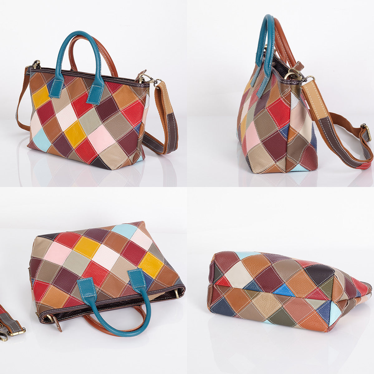 Premium Genuine Leather Colorful Plaid Patchwork Bag for Women | New Quilted Color-Block Top-Handle Shoulder Cross-Body Handbag with Unique Artistic Design | Versatile 3-in-1 Carry Purse for Work, Errands, Travel & Everyday Chic | Trendy Statement Ac