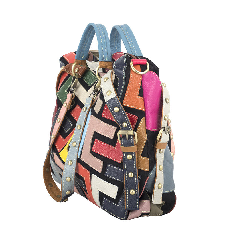 Genuine Leather Ethnic Geometric Color Block Handbag for Women, New Arrival Top Handle Shoulder Crossbody Purse, Trendy Designer Bag for Ladies