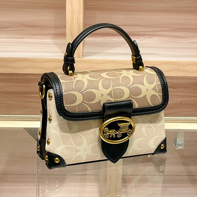 Genuine Leather Color Block Printed Box Bag for Women, Niche Fashionable Premium Shoulder Crossbody Purse, Unique Designer Handbag for Ladies