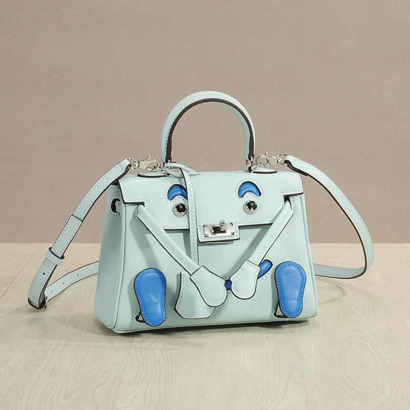Genuine Top Layer Cowhide Smiley Face Bag for Women, Cute Mini Millennium Doll Crossbody Purse, Playful Kelly-Style Handbag with Premium Quality for Ladies