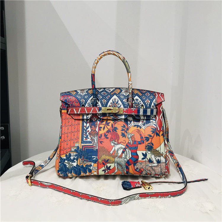 Genuine Leather Graffiti Print Birkin-Style Handbag for Women, New Casual Top Handle Shoulder Crossbody Purse, European Classic Trendy Tote Bag for Ladies