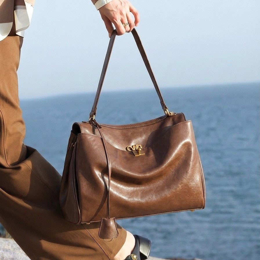 Genuine Vegetable-Tanned Leather Large Capacity Tote Bag for Women, 2026 New Commute Top Handle Crossbody Purse, Premium Textured Everyday Handbag for Ladies